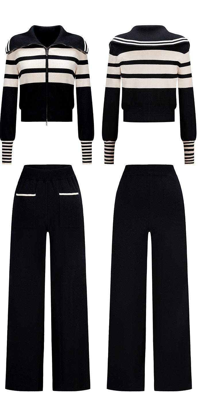 CHICHY Knitted Two-Piece Black Striped Knitted Cardigan Casual Pants-IFE