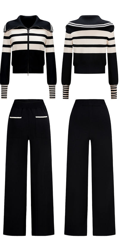 CHICHY Knitted Two-Piece Black Striped Knitted Cardigan Casual Pants-IFE