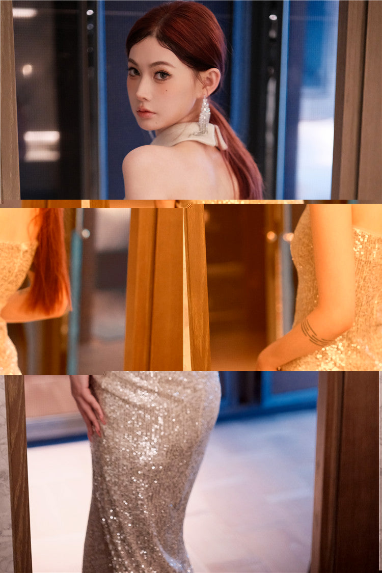 Wardrobes by Chen High End Sequin Halter Neck Cocktail Dress-Davy