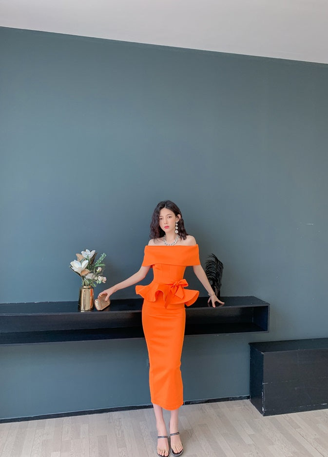 DOLLY High End Off Shoulder Peplum Tube Top Slim Fit Wedding Guest Dress-HANS