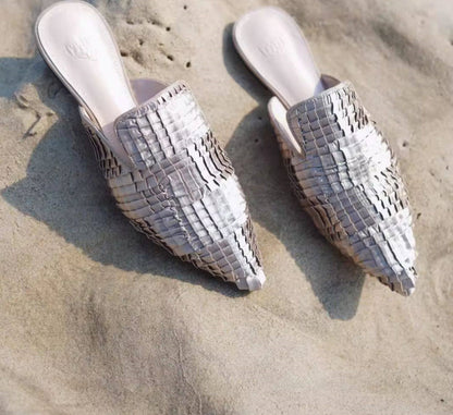 B-FEI Woven fabric pointed toe flat mules- POMI.