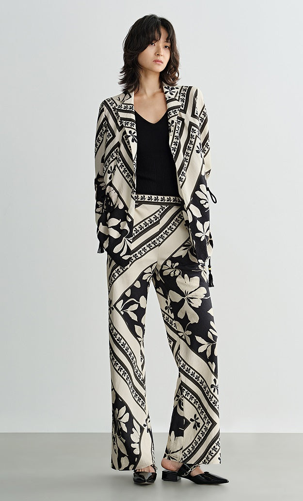 COMME MOI Lv Yan designer summer  black and white printed tassel straight-leg pants - KAIN.