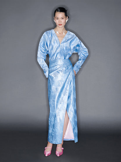 M essential Mackay designer blue Jacquard jumper-cut waist crop top slit skirt set - Janet