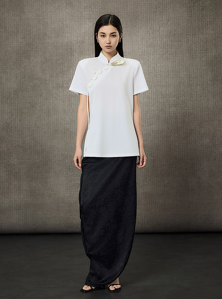 HECO Summer Handmade Orchid Winding Mandarin Neckline Short Sleeve Top - FLIGHT.