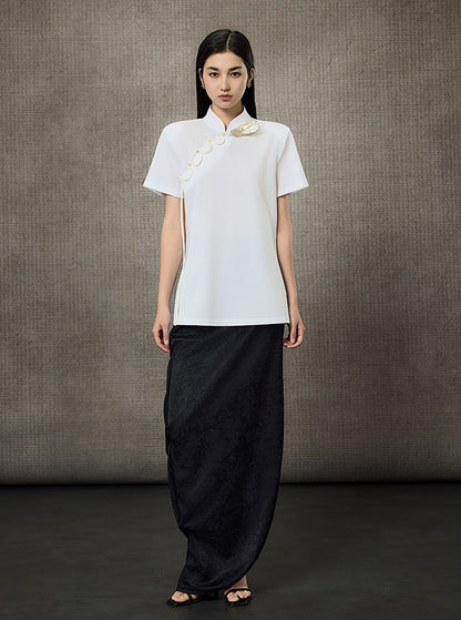 HECO Summer Handmade Orchid Winding Mandarin Neckline Short Sleeve Top - FLIGHT.