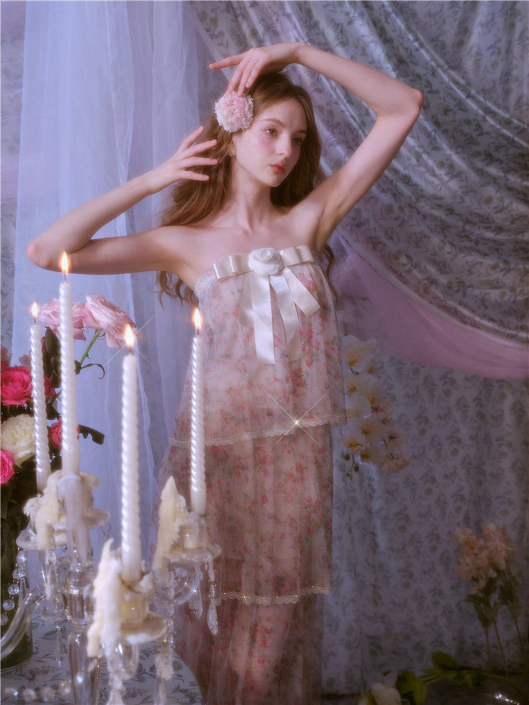 Wardrobes by Chen Luxury Floral Tube bow Maxi Summer Dress-Marilyn