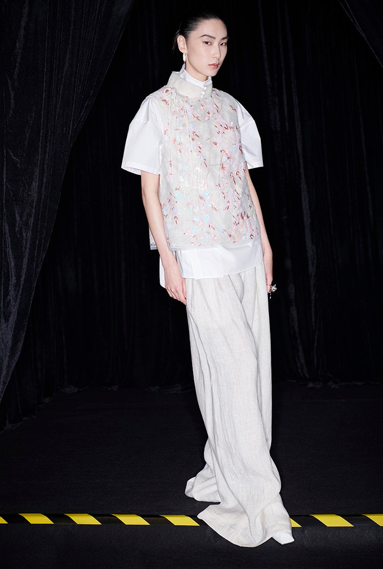 M essential Mackay designer beaded pavé embroidered linen vest - ELONIA.