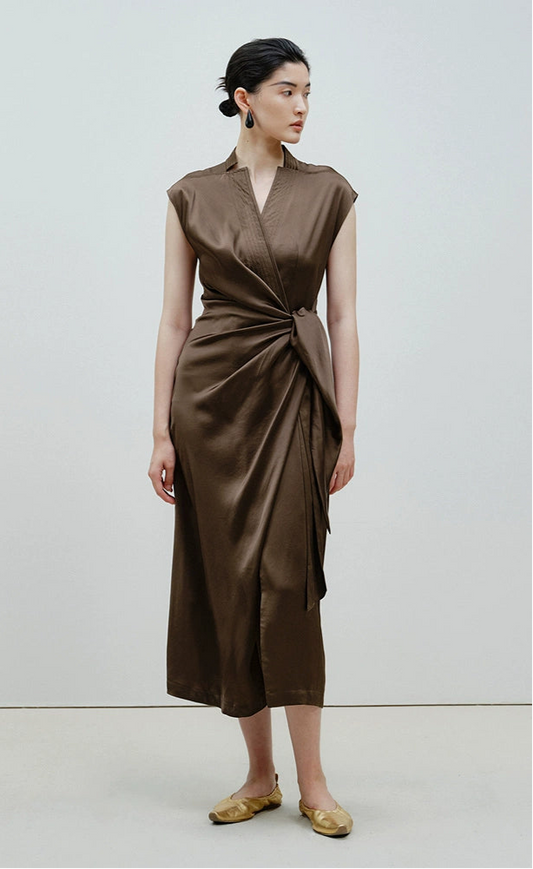 ZHUCHONGYUN diagonal placket pleated waist dress-LING.