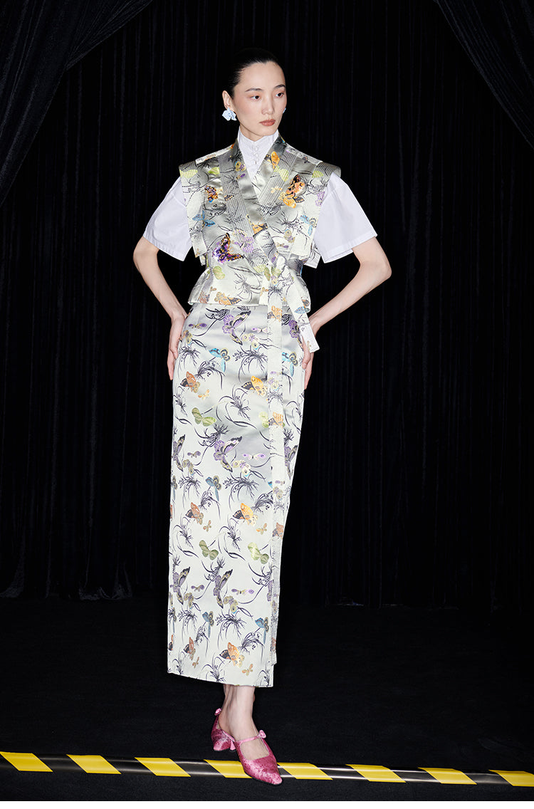 M essential Mackay designer butterfly beaded quilted cottonskirt vest shirt set - toes.