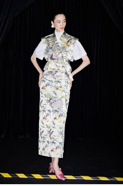 M essential Mackay designer butterfly beaded quilted cottonskirt vest shirt set - toes.