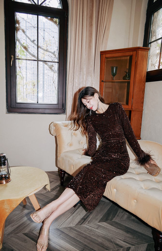 DOLLY Elegant Retro Style Crew Neck Long Sleeve Sequin Long Banquet Dress-TANIA