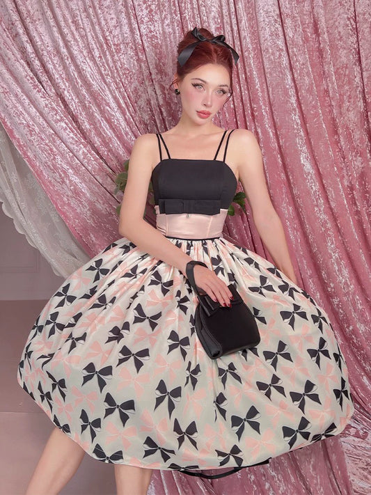 Le Palais  50s classic pink and black contrast bow cinched waist Dress-WENDY