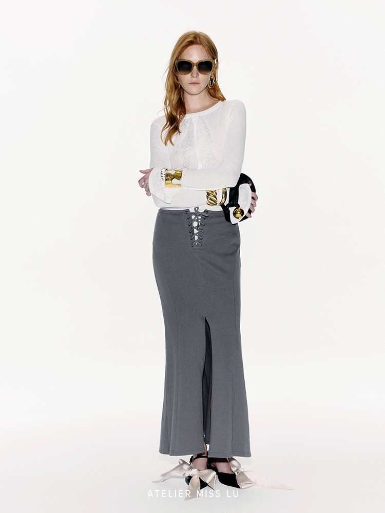 ATELIER MISS LU Cross Stray Design Front Slit Mermaid Maxi Skirt - AUTUM.
