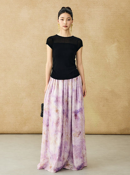 HECO Chinese style slightly transparent round neck knitted short sleeve T-shirt -BING.