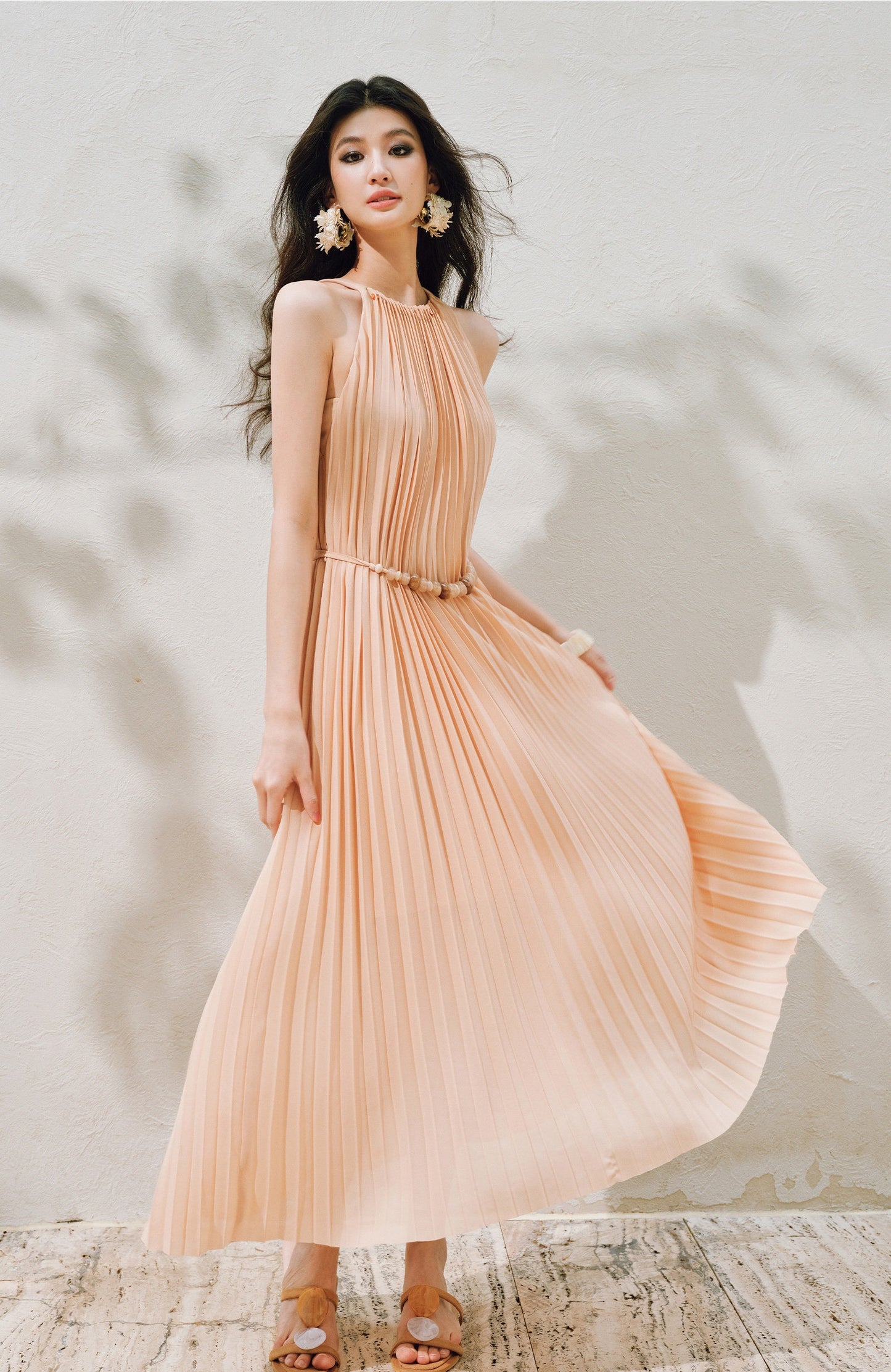 WANGXO | Natural Stone Beaded Halterneck Flowing A-Line Umbrella Skirt -ZENA