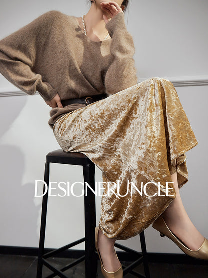 DGU "Mu Jin" khaki new retro velvet high-end slimming skirt - STOP.