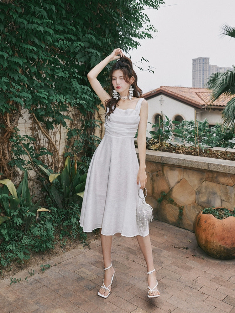 DOLLY Luxury White Retro Style Sleeveless Pleated Midi Suspender Dinner Dress-EUDORA