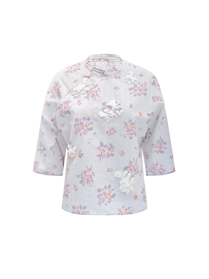 M essential Ma Kay designer Jinghe printed fabric floral nail beads top - JULY.