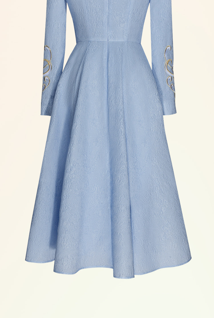 Magic Q coral blue butterfly embroidered mesh panels sweetheart collar mink strip embellished swing dress