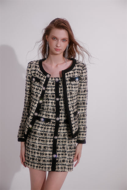 Wardrobes by Chen High End plaid twee Diamond Button Jacket mini dress- Kaya