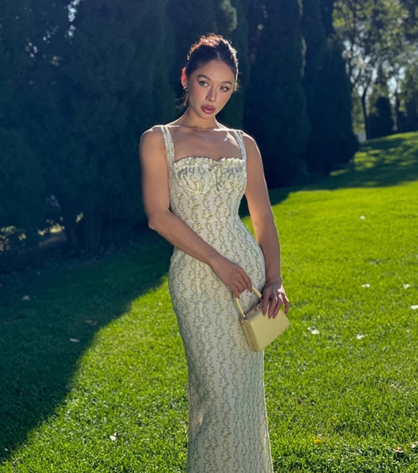 Le Palais Vintage floral goose yellow cotton slim maxi dress-BERRY.