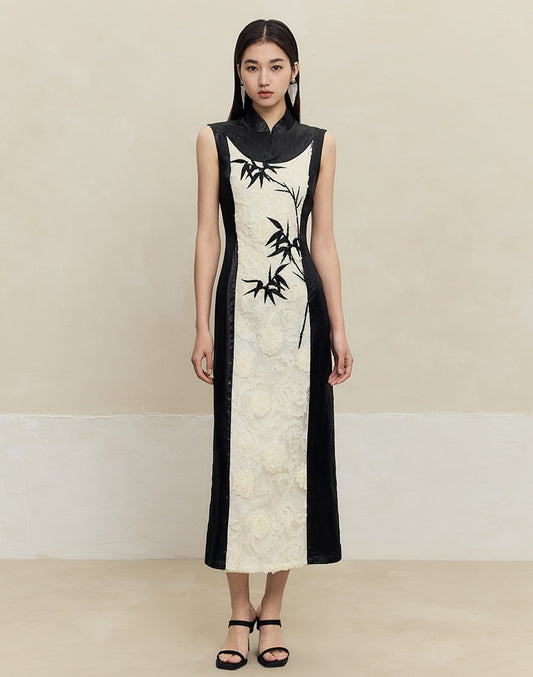 HECO Embroidered Acetate Cheongsam Sleeveless Midi Dress - what.