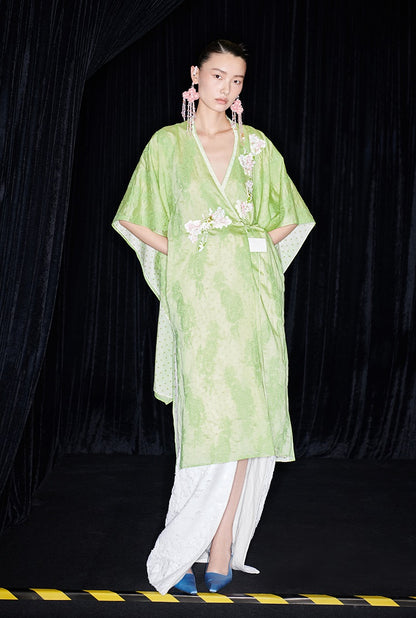 M essential Mackay designer green embroidered fabric magnolia beaded cardigan robe - RUTH.