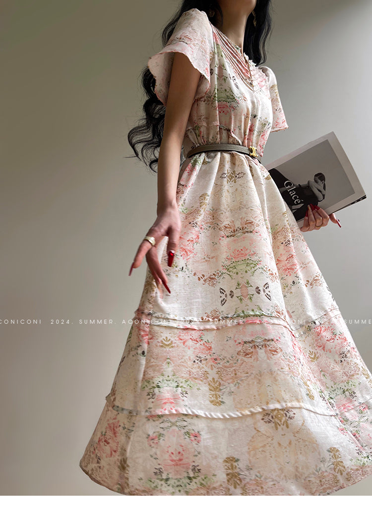 retro flower print dress Floral Daydream Retro Flower Lined Pattern Pink Orange Yellow Flower A-Line Dress by kierkegaard