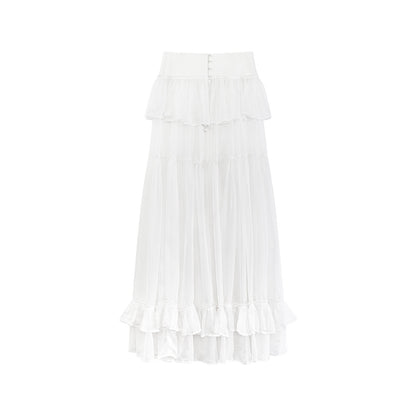 TUYUE Black and White Tulle Long Elegant Ruffled Skirt - TAN.