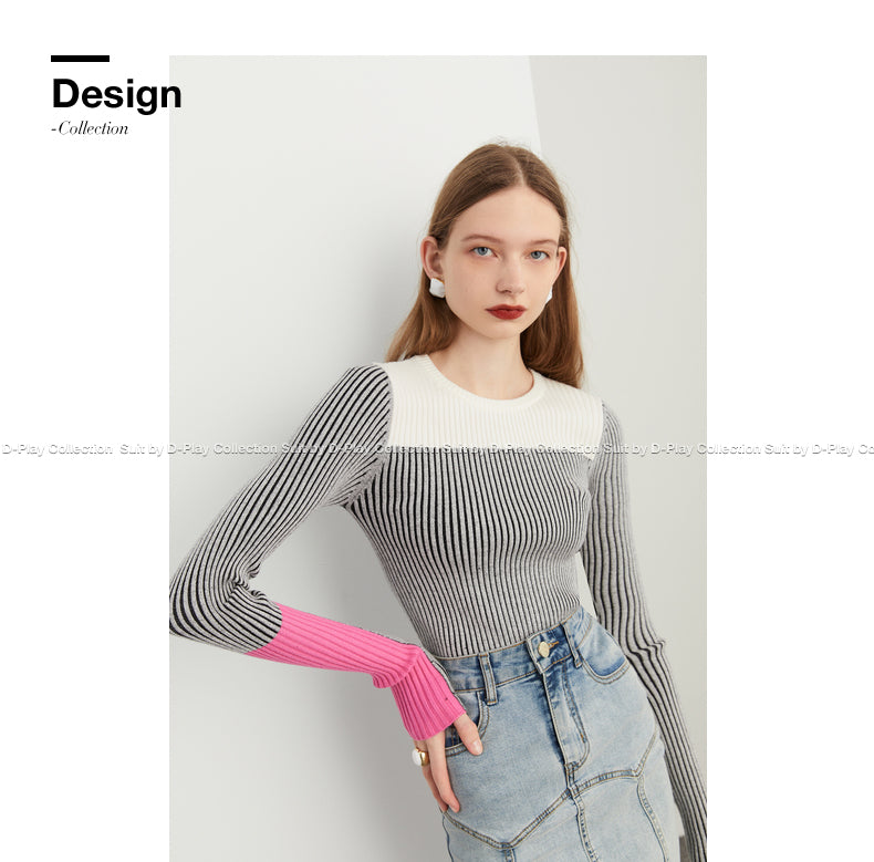 WINTER Grey Two-tone color block Contrast Knit Top sweater - Owe