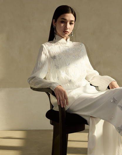 HECO Butterfly Beads Embroidered Stand-Up Collar black white T-Shirt - WORDS.