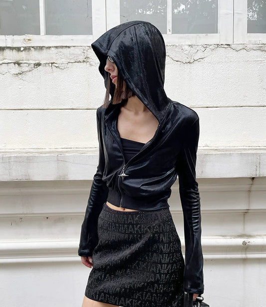 ANNAKIKI designer style back logo hot diamond waist hooded jacket-DAIKI