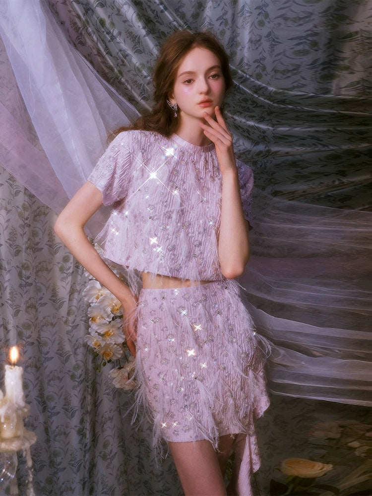 Wardrobes by Chen Elegant Short Sleeve Diamond Feather Top/Short Skirt- Milo