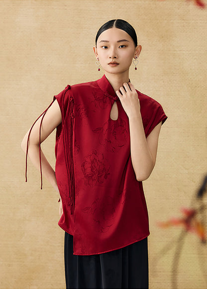 HECO Chinese Peony Buckle Short Sleeve Acetate Tassel Top - TEACH .