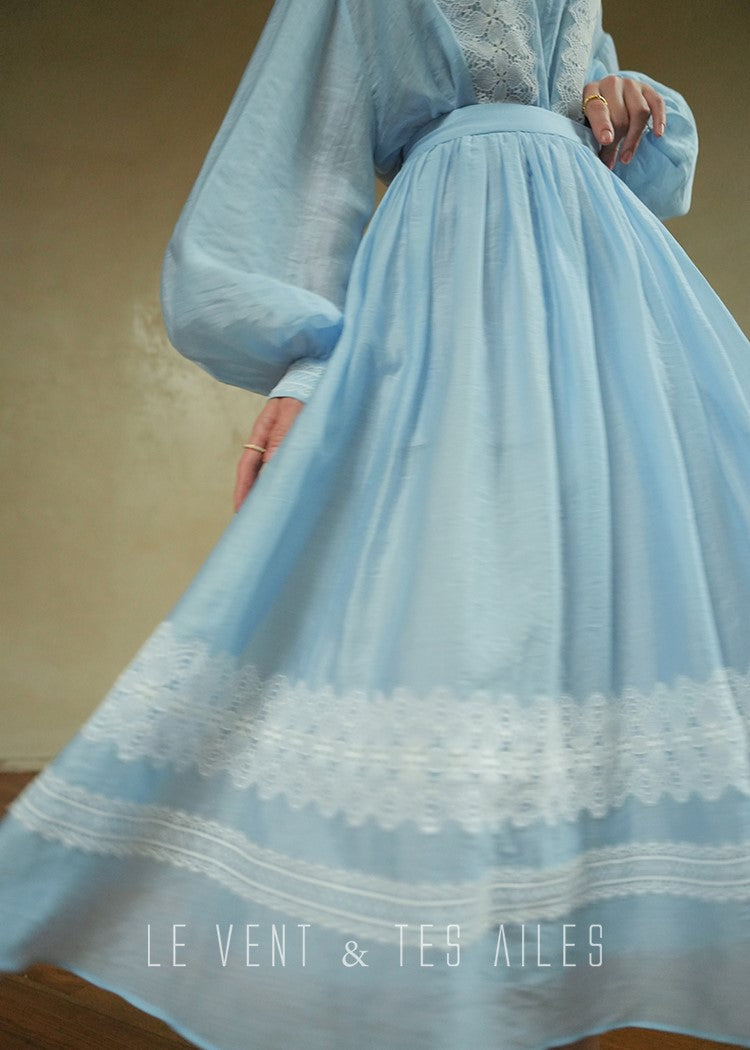 LE VENT&TES AILES pastel blue elegant summer vacation  V-neck shirt skirt set -GWEN