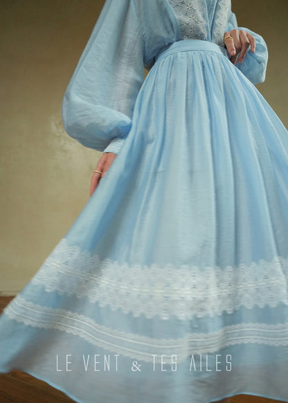 LE VENT&TES AILES pastel blue elegant summer vacation  V-neck shirt skirt set -GWEN