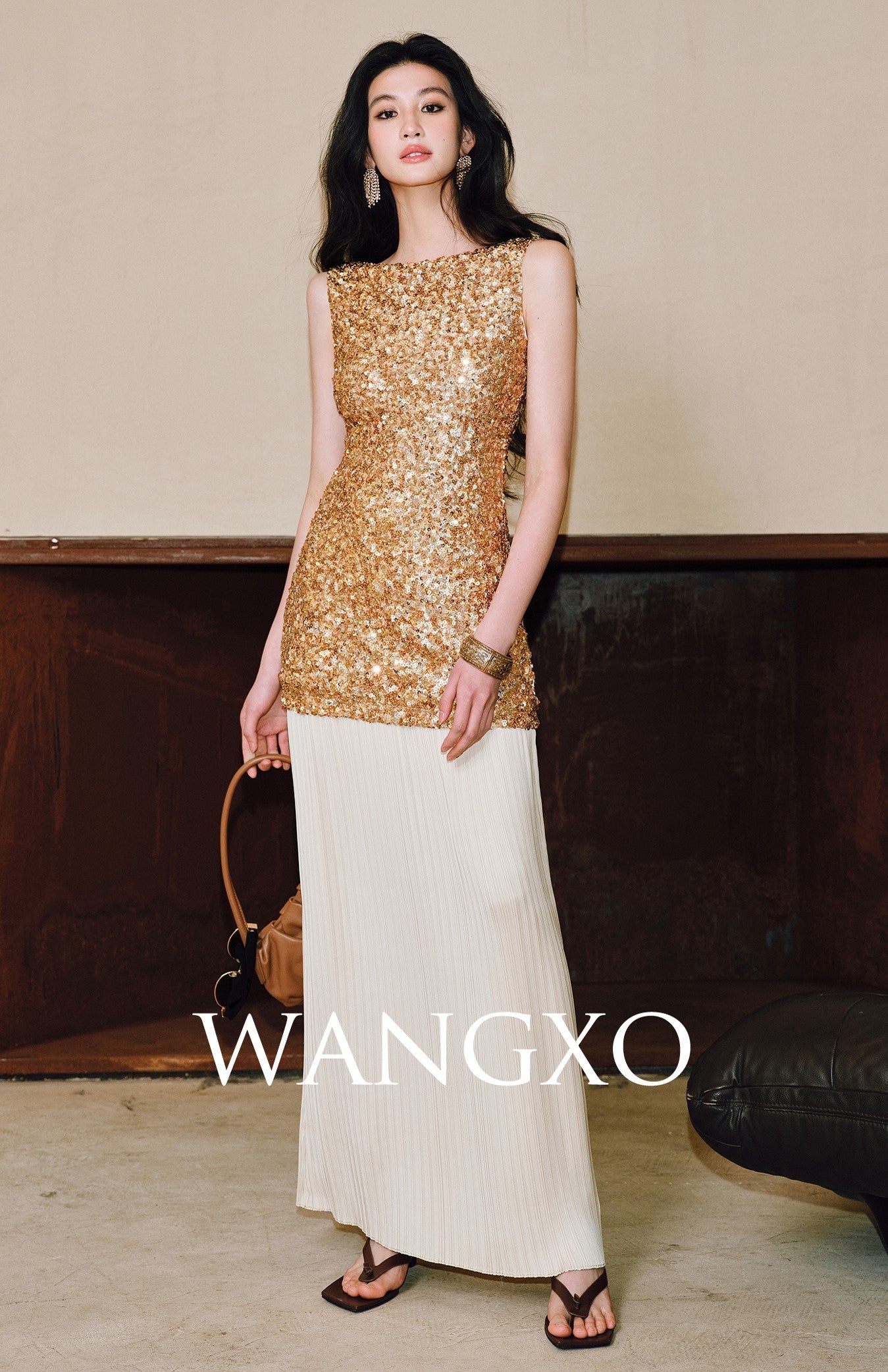 WANGXO | Gilded sequin-stitch silk pleated shimmer Dress - BYRON.