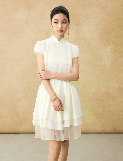 HECO Acetate Jacquard Midi Tiered Cap Sleeves Dress - HEART.