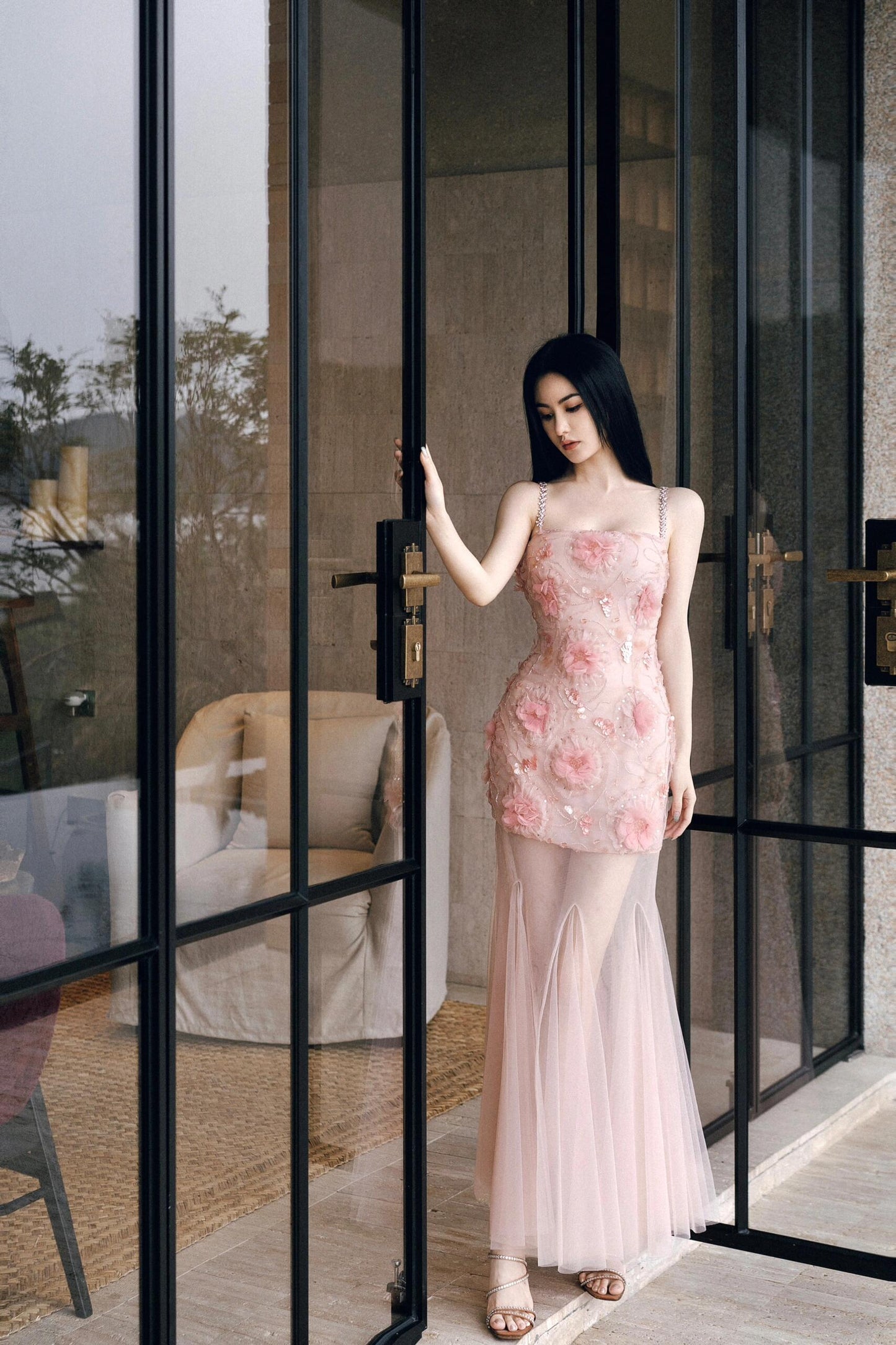 Wardrobes by Chen High End Pink Sleeveless Flower applique Sequin Dress-Bena