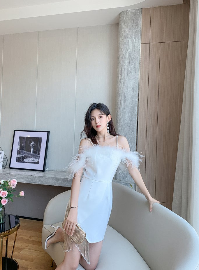 DOLLY Elegant Sling Off Shoulder Feather Slim Fit Short Tassel Birthday Dress-JAJA