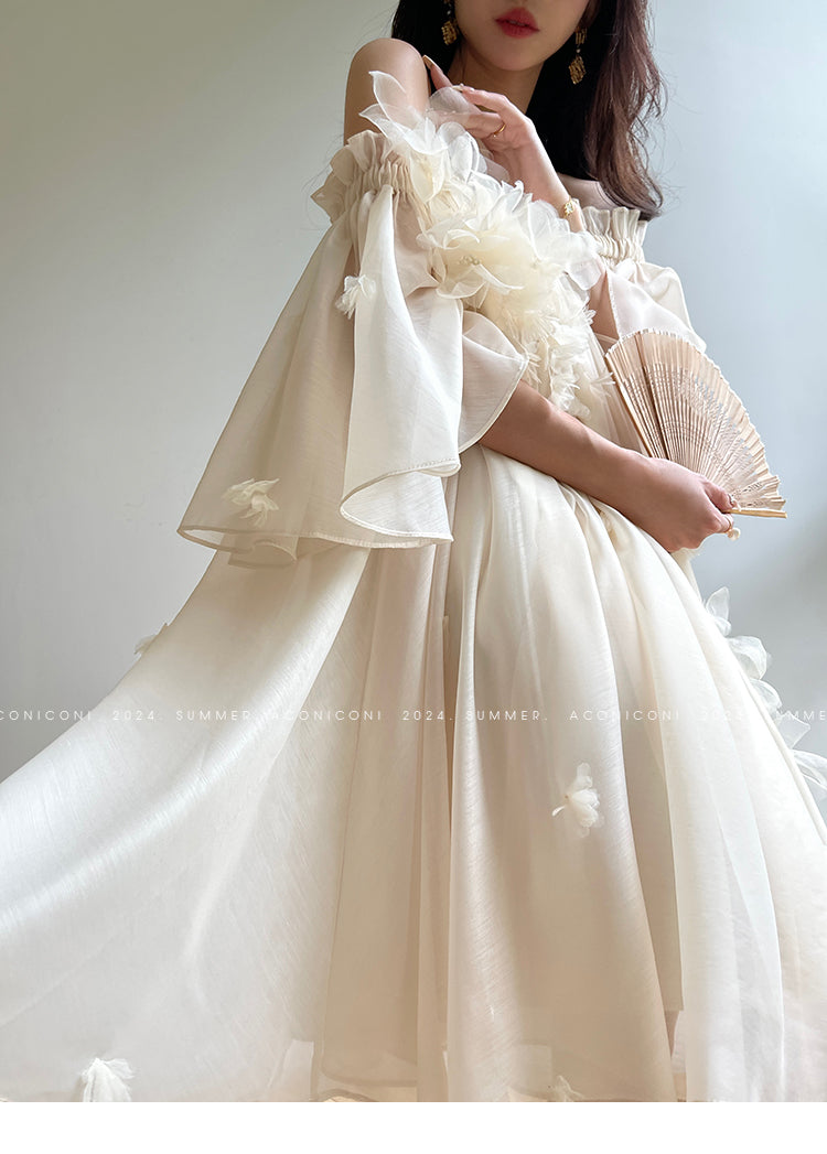 Aconiconi Luxury Off-Shoulder Flower Short Sleeve bridal baby doll Dress - Magnolia Lotus Fragrance