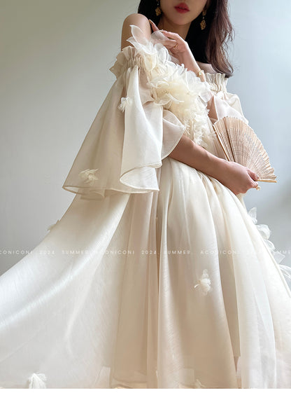 Aconiconi Luxury Off-Shoulder Flower Short Sleeve bridal baby doll Dress - Magnolia Lotus Fragrance