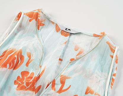 COMME MOI Lv Yan Designer Summer Women's V-Neck Sleeveless Resort Print Dress - OLIVIA.