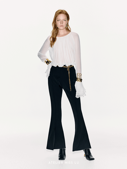 ATELIER MISS LU layered pressed pleated design sheer mulberry silk top - ROSALIE