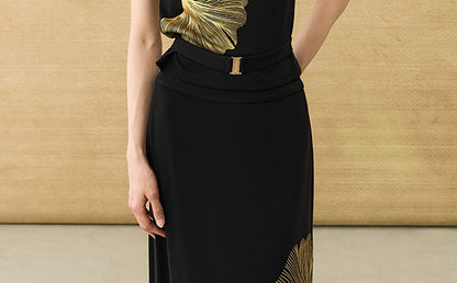 HECO Chinese Style Elegant Swing Neck Sleeveless Ginkgo Biloba Print T-Shirt - BOBA.