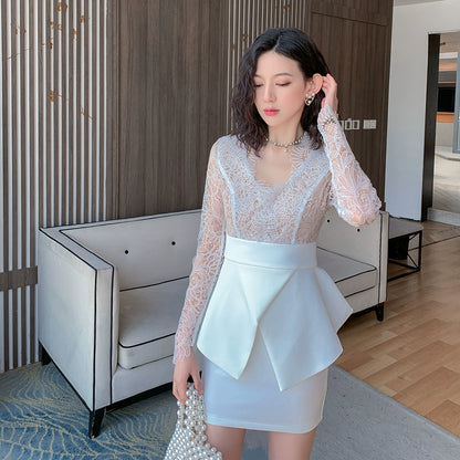 DOLLY Elegant White V-Neck Long Sleeve High Waist Peplum Short Date Dress-LOUIS