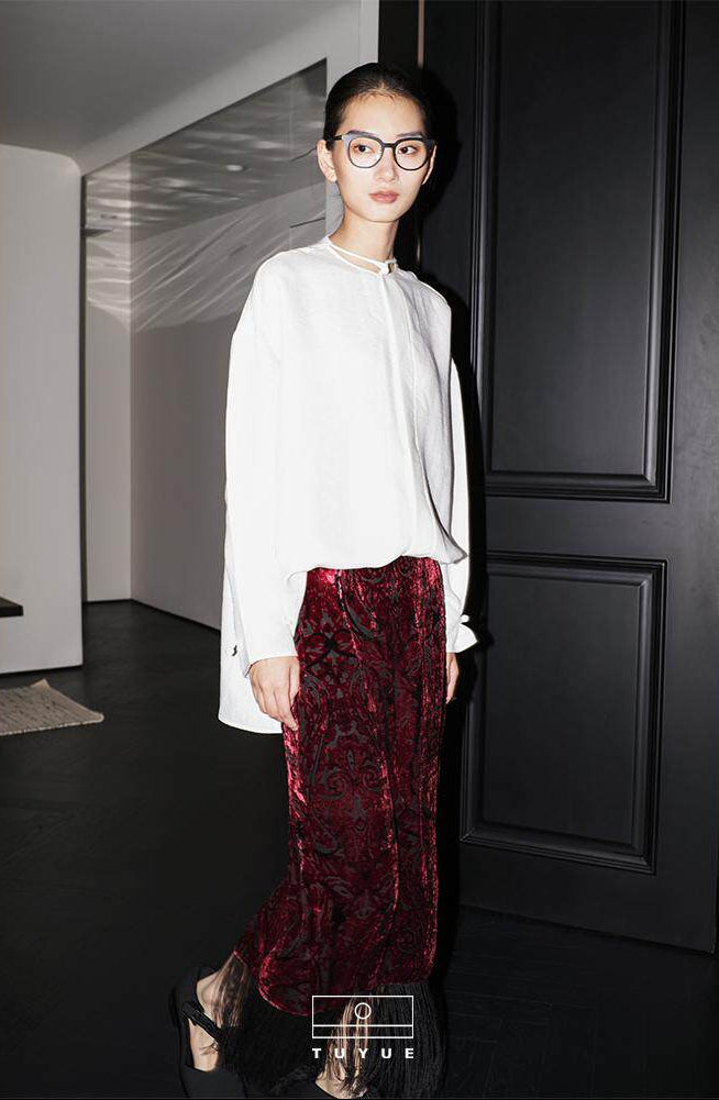 TUYUE silk burnt flower tassels midi skirt - MIN.