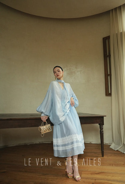 LE VENT&TES AILES pastel blue elegant summer vacation  V-neck shirt skirt set -GWEN