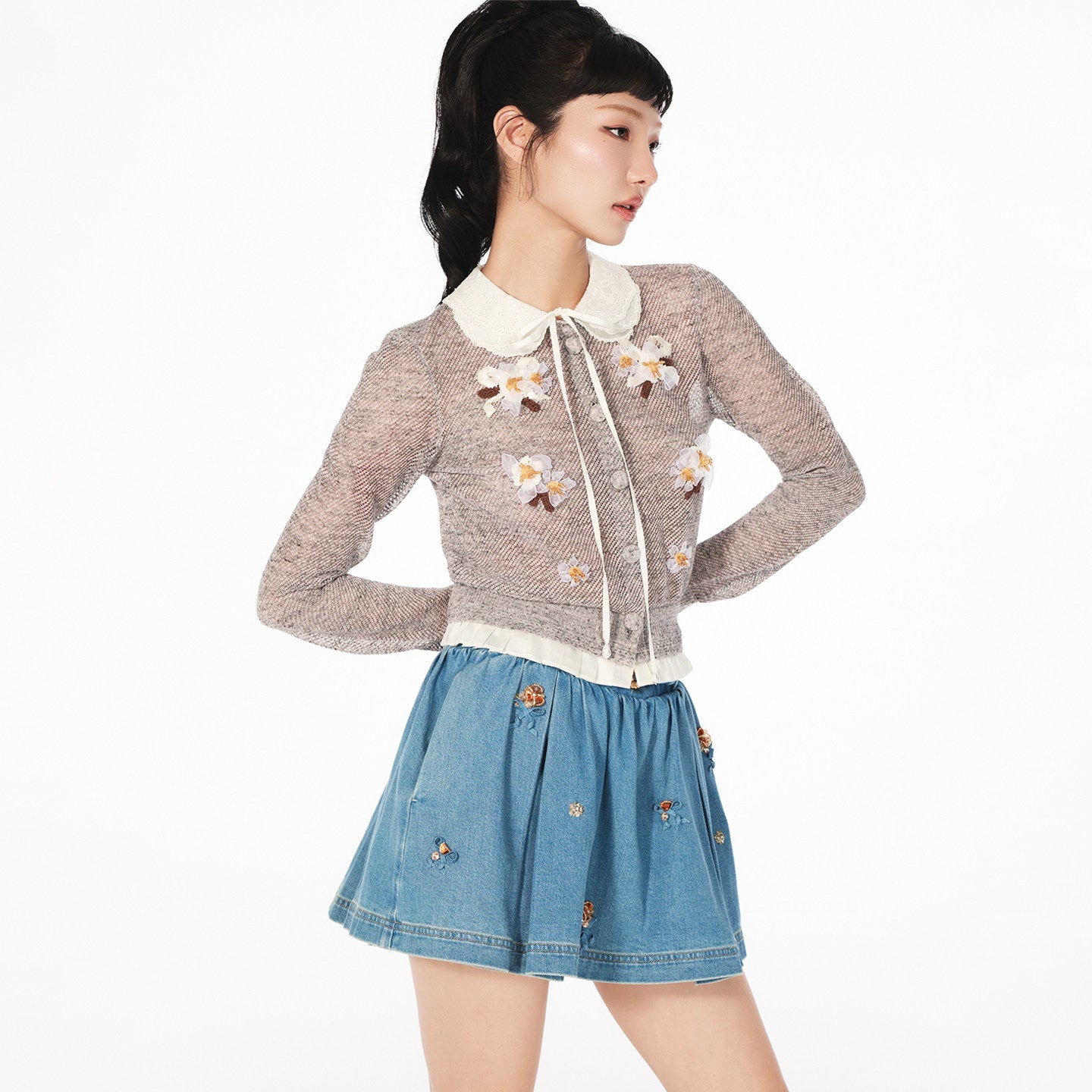 FAME doll collar floral beaded long sleeve knitted top - CAROL