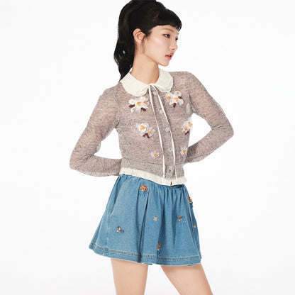 FAME doll collar floral beaded long sleeve knitted top - CAROL